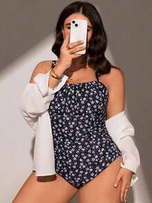 Traje de baño de una pieza con estampado floral pequeño para playa y verano en tallas grandes - Blanco y Negro - Ver 5