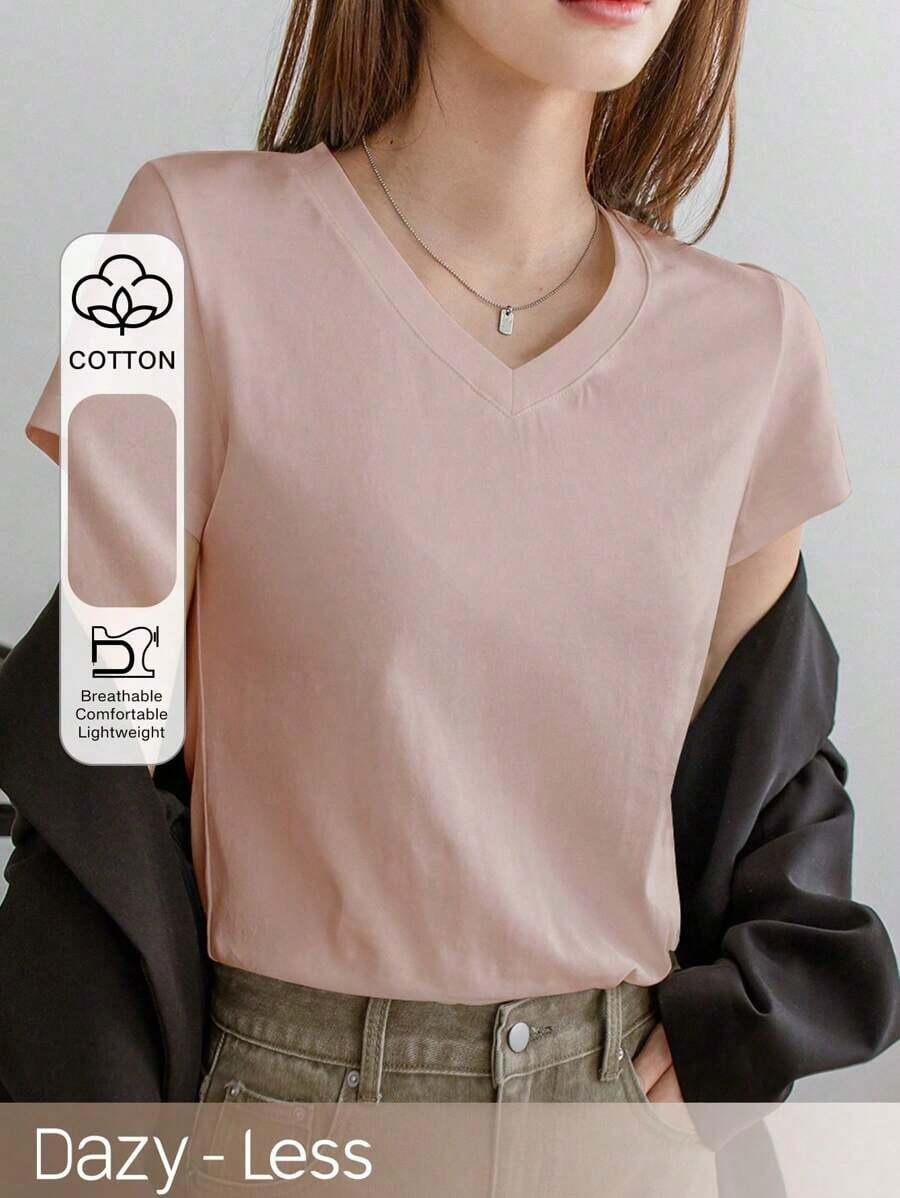 Camiseta de mujer de unicolor con cuello en V y manga corta, estilo de negocios casual de verano "Old Money" para ropa de trabajo de mujer - Rosa vieja - Ver 1