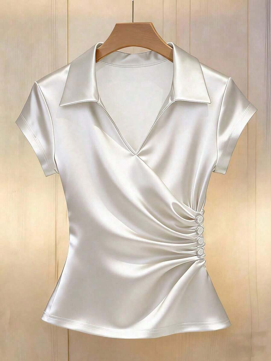 de verano elegante para mujer con cuello en V, mangas cortas y drapeado, unicolor, top de satén blanco para fiestas, salidas a la playa y eventos - Blanco - Ver 1