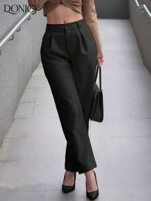 Pantalones rectos plisados de cintura alta, de unicolor, para mujer, suaves y cómodos, versátiles, elegantes y casuales urbanos, adecuados para uso diario casual, citas, fiestas, San Valentín, carnaval y oficina - Negro 2 - Ver 8