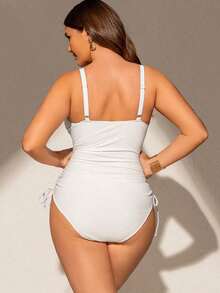 Traje de baño de una pieza para mujer de talla grande, de tela especial, escote en V profundo, tirantes ajustables, almohadillas extraíbles, volantes en el bajo, cintura con cordón, elegante y sexy, traje de baño casual para resort y playa - Blanco - Ver 2