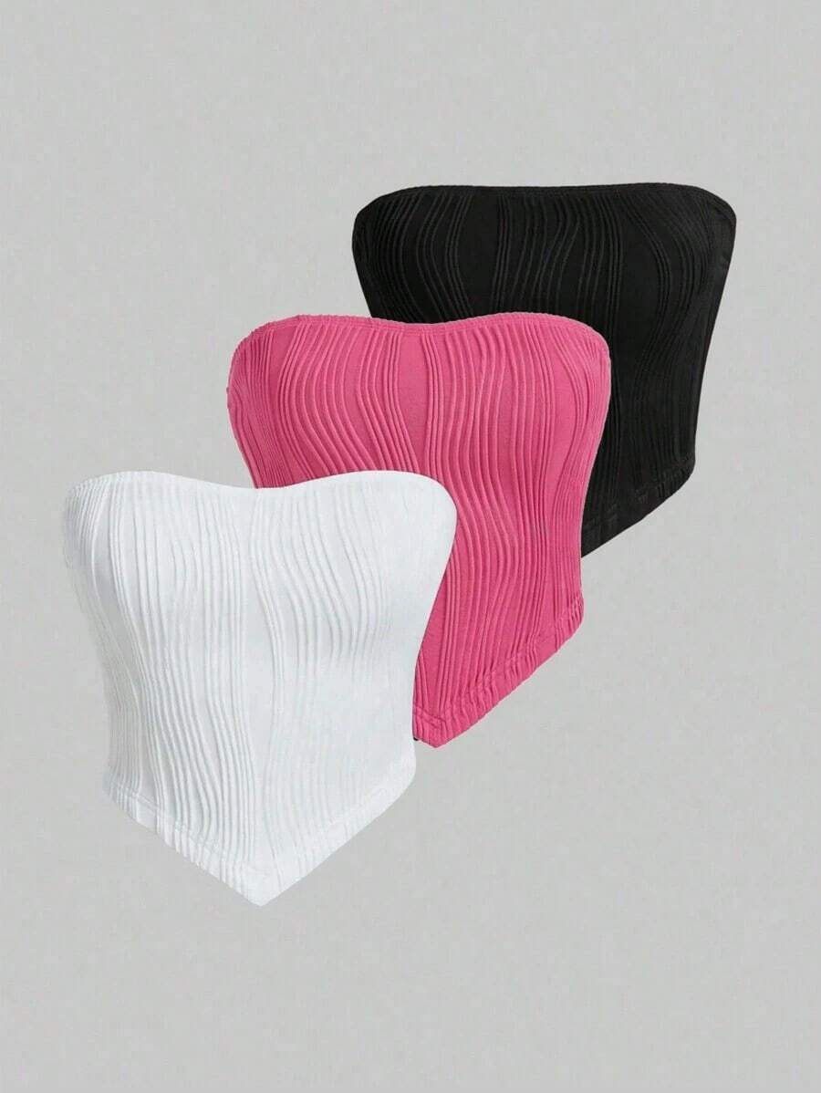 3 piezas Top de tubo recortado con dobladillo asimétrico sólido - Multicolor - Ver 1