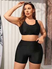 Shorts de bikini de talla grande para playa de verano de unicolor con bolsillo - Negro - Ver 3