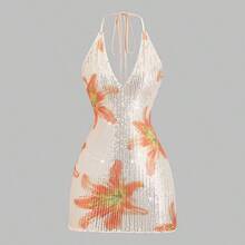 Women's New Spring/Summer Suitable For Vacation, Party, Elegant Romantic Floral Sequin Fabric Deep V-Neck Design Backless Tie Strap Mini Dress - Amarillo - Ver 2