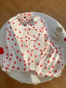Set de 2 piezas de camisa con botones delanteros y shorts a rayas azul para mujer - Rojo y blanco - Ver 5