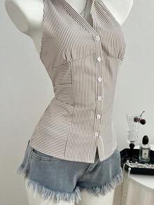 Camisa informal de mujer ajustada de rayas sin mangas con cuello - Camel - Ver 8