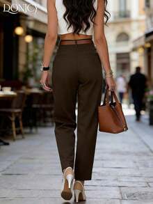 anchos de mujer de color beige sólido, pantalones largos plisados de tela texturizada elegante, adecuados para la oficina y el uso casual en primavera/verano.Cinturón no incluido. - Café integral - Ver 2