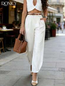 anchos de mujer de color beige sólido, pantalones largos plisados de tela texturizada elegante, adecuados para la oficina y el uso casual en primavera/verano.Cinturón no incluido. - Blanco - Ver 6