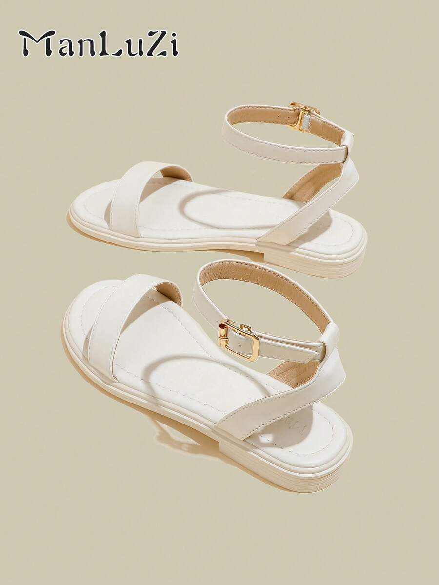 ManLuZi Women's White Flat Open Toe Strap Sandals, Minimalist Thin Strap Soft Bottom Beach One-Buckle Strap Sandals For Summer - White - View 1