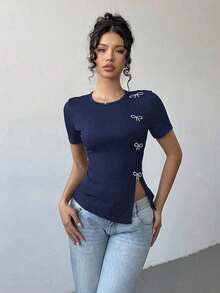 Camiseta de cuello redondo con abertura lateral y decoración de lazo con cristales para mujer - Azul - Ver 3