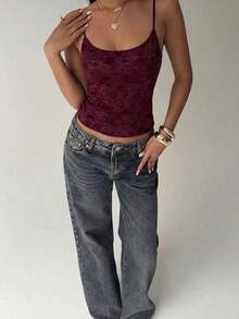 Camiseta de mujer nueva con encaje y aplicación de lentejuelas, ropa de calle sexy - Burdeos - Ver 4