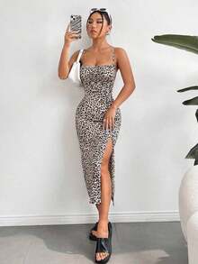 Vestido midi de leopardo con abertura lateral y tirantes - Multicolor 2 - Ver 1