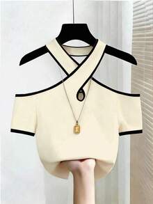 Camiseta de tirantes con contraste y cruce en el frente, de uso casual y diario para el verano - Albaricoque - Ver 4