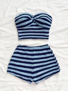 Set de 2 piezas para mujer compuesto por top bandeau texturizado a rayas rojas y blancas y pantalones cortos casuales, adecuado para citas, fiestas y vacaciones en la playa - Azul - Ver 5