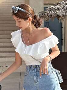 Camiseta de mujer con cuello asimétrico, volantes, calado y bordado, para verano, top corto para mujer de vacaciones - Blanco - Ver 10