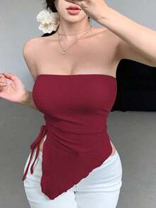 Blusa asimétrica plisada para mujer, ropa de vuelta al colegio, blusas para salir, top tubo - Rosa Roja - Ver 5