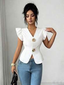 Flora Isola Cárdigan elegante de mujer con cuello en V y decoración de hebilla metálica, cintura ajustada y mangas con volantes, blusa refinada para damas - Blanco - Ver 3