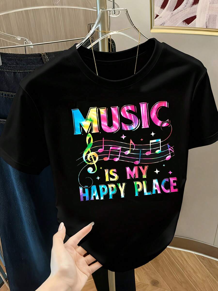 Women's Modern, Casual Top, Perfect For Parties And Lounging At Home, 100% Cotton, Loose Fit. Short-Sleeved T-Shirt With A Round Neck And The Print "Music Is My Happy Place." Women's Blouses > Women's Clothing - 黑色 - 查看 1