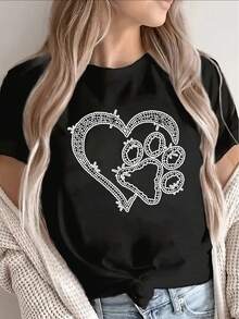 1 camiseta con estampado de corazón y huella de pata con pedrería brillante - diseñada para amantes de mascotas, top ligero de poliéster de manga corta, adecuada para uso casual al aire libre en todas las estaciones, ropa para dueños de perros lavable a máquina (negra) 180g 100% Algodón - Blanco - Ver 6