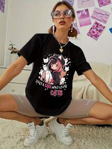 ¡Oferta por tiempo limitado, unidades limitadas,  relámpago! Camisas casuales para mujer, camisetas de poliéster para mujer, camisas elegantes. [Nueva camiseta de gran tamaño con estampado de letras y gatos para mujer, manga corta, versátil y moderna, top juvenil 2026] - Negro - Ver 4