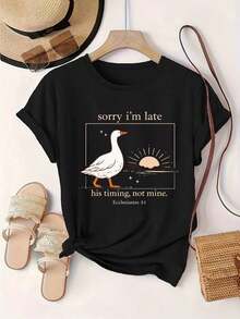 Plus Size Women's Black Short-Sleeved Summer T-Shirt With White Goose Logo And Sun Print, For Holidays And Everyday Wear - 黑色 - 查看 7