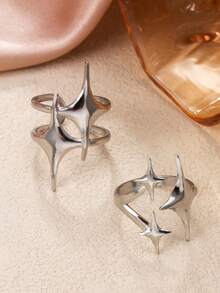 Set Cincin Terbuka Bintang Gothic 2 Buah, Gaya Minimalis, Cocok untuk Pemakaian Sehari-hari dan Aksesori Liburan - Perak - View 1