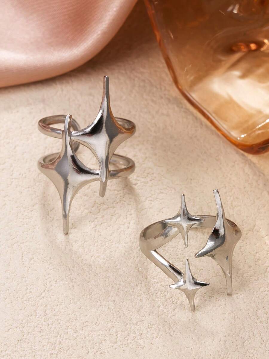 Set Cincin Terbuka Bintang Gothic 2 Buah, Gaya Minimalis, Cocok untuk Pemakaian Sehari-hari dan Aksesori Liburan - Perak - View 1