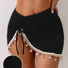 Falda de punto negra para cubrir el bikini con decoración de conchas y estrellas de mar, con abertura sexy. - Blanco - Ver 3