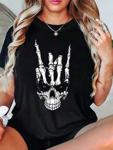Women's Gothic T-Shirt - Skull And Devil Horns Print (Rock On Sign) Short Sleeve Crew Neck Casual Top - White And For Music Festivals, Concerts, Parties And Casual Wear - 黑色 - 查看 1