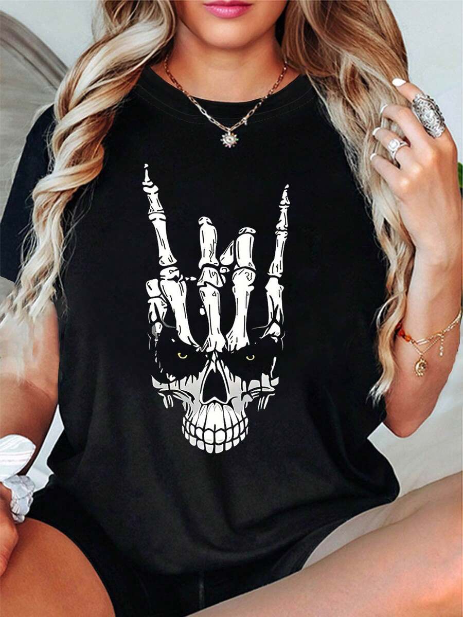 Women's Gothic T-Shirt - Skull And Devil Horns Print (Rock On Sign) Short Sleeve Crew Neck Casual Top - White And For Music Festivals, Concerts, Parties And Casual Wear - 黑色 - 查看 1