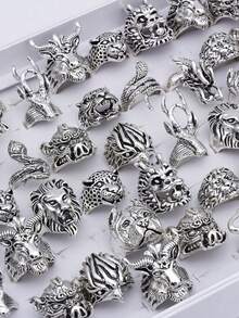 Juego de 5/20/30 piezas de anillos para dedo estilo punk, diseño aleatorio, tamaño aleatorio, animales: tigre, tortuga, elefante, serpiente, gato, búho, unisex - Multicolor - Ver 5