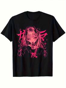 Men's And Women's Matching Anime Retro Y2K T-Shirts For Men And Women - Kawaii Manga Demon Gothic Horror Design For Couples, Purple Character Design, Loose And Breathable Unisex T-Shirt For Casual Wear And Parties. | Exquisite Design | Loose And Comfortable | Easy To Match | - 黑色 - 查看 1