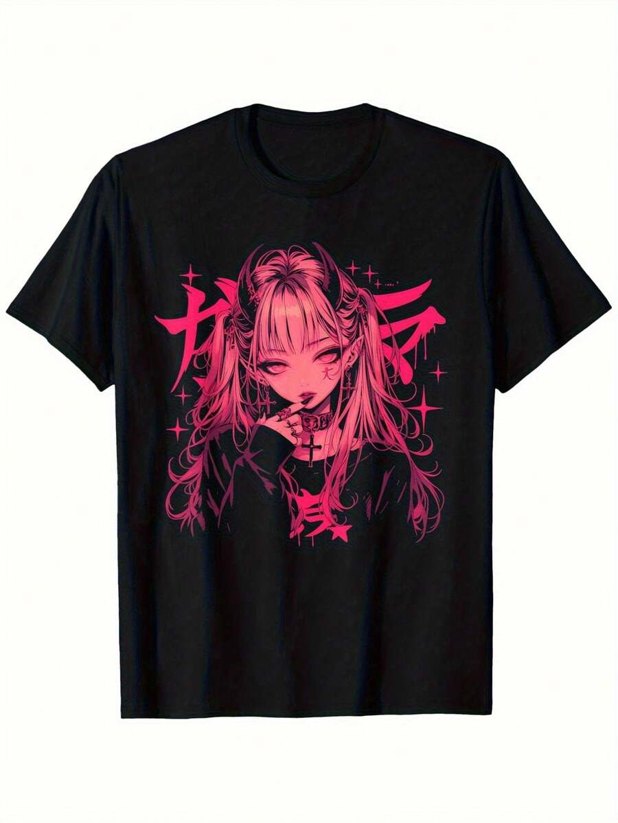 Men's And Women's Matching Anime Retro Y2K T-Shirts For Men And Women - Kawaii Manga Demon Gothic Horror Design For Couples, Purple Character Design, Loose And Breathable Unisex T-Shirt For Casual Wear And Parties. | Exquisite Design | Loose And Comfortable | Easy To Match | - 黑色 - 查看 1