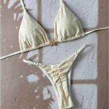 Nuevo estilo de bikini de color sólido, bikini sexy con lazos, traje de baño de dos piezas fresco y sencillo para mujer. - Marrón claro - Ver 3