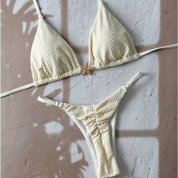 Nuevo estilo de bikini de color sólido, bikini sexy con lazos, traje de baño de dos piezas fresco y sencillo para mujer. - Fotografía personalizada - Añade 3