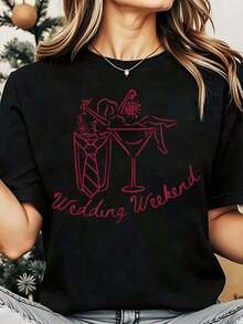 Women's Vintage Cocktail T-Shirt For Weddings And Weekends, With Fun Graphic Bridal Party Print And Elegant Text Print For Celebratory Events, Going To The Chapel, Getting Married, Round Neck, Gift For Newly Engaged, Bachelorette Party, Bride-To-Be 2026, New Wedding T-Shirt, Wedding Party T-Shirt, Bohemian Women's Shirts, Top, Women's T-Shirts, Basic. - 黑色 - 查看 1