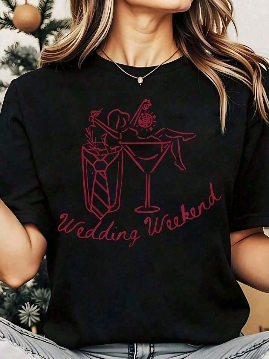 Women's Vintage Cocktail T-Shirt For Weddings And Weekends, With Fun Graphic Bridal Party Print And Elegant Text Print For Celebratory Events, Going To The Chapel, Getting Married, Round Neck, Gift For Newly Engaged, Bachelorette Party, Bride-To-Be 2026, New Wedding T-Shirt, Wedding Party T-Shirt, Bohemian Women's Shirts, Top, Women's T-Shirts, Basic. - 黑色 - 查看 1