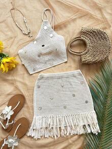 Conjunto de dos piezas de suéter elegante bohemio tropical con flecos y lentejuelas, para mujer, casual, vacaciones, estilo occidental, boda en la playa, graduación, brunch, Día de San Patricio, vacaciones de primavera, Pascua, festival de música, primavera/verano - Albaricoque - Ver 7