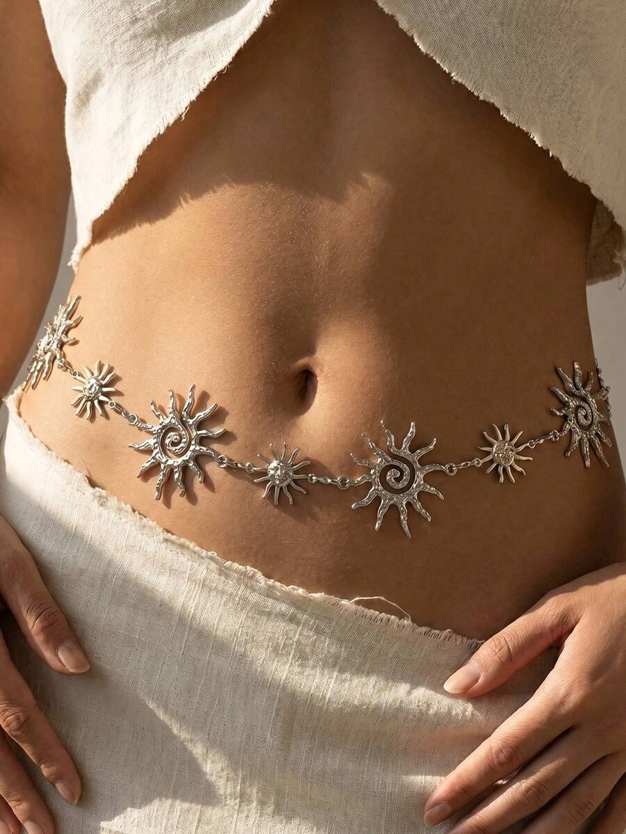 1pc Vintage Smiling Face & Sun Patchwork Gold Waist Chain, Women's Fashion Summer Body Jewelry Accessory, Suitable For Street, Party, Beach, And Daily Wear - Silver - View 1