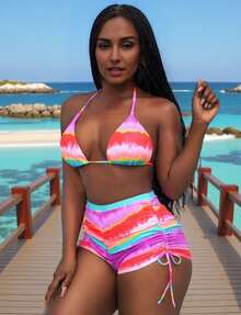 New Women's Two Piece Swimsuit, Sexy Backless Bikini With Adjustable Straps, Women's Beach Swimsuit, Huludao Swimwear. - 粉紅色 - 查看 5
