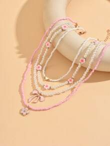 4pcs Sweet Rice Pearl & Metal Flower Butterfly Pendant Necklace Set, Cute & Delicate For Women, Suitable For Outing, Beach, Daily Wear - Multicolor - View 2