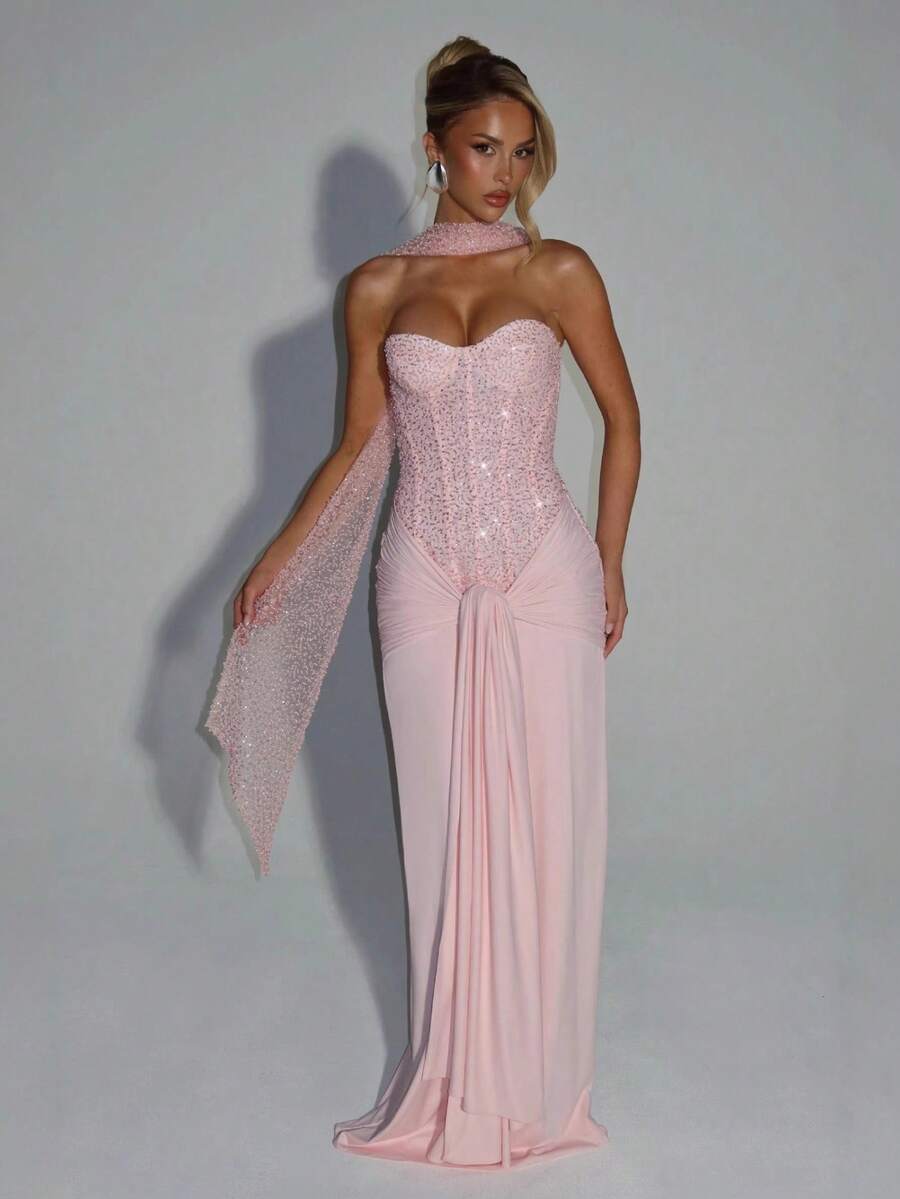 Elegant Pleated Strapless Maxi Dress New Arrival - 粉色 - 查看 1