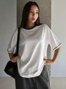 Women's & Men's  Camiseta de mujer de manga corta, corte holgado, con impresión de letras en color contrastante y decoración de puntadas, para el verano - Blanco - Ver 2