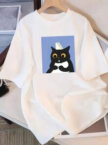 Camiseta Casual Esencial de Manga Corta para Mujer, Color Sólido, con Estampado de Gato de Dibujos Animados - Corte Holgado, Cuello Redondo, Lavable a Máquina para Comodidad en Todas las Temporadas, Ropa Casual, Camiseta con Diseño de Gato, Camiseta de Moda, Camiseta con Diseño Divertido, Algodón Suave para Uso Diario en Verano. - Negro - Ver 7