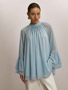 Blusa suelta de moda con mangas acampanadas y cuello raglan de unicolor para mujer - Celeste - Ver 4