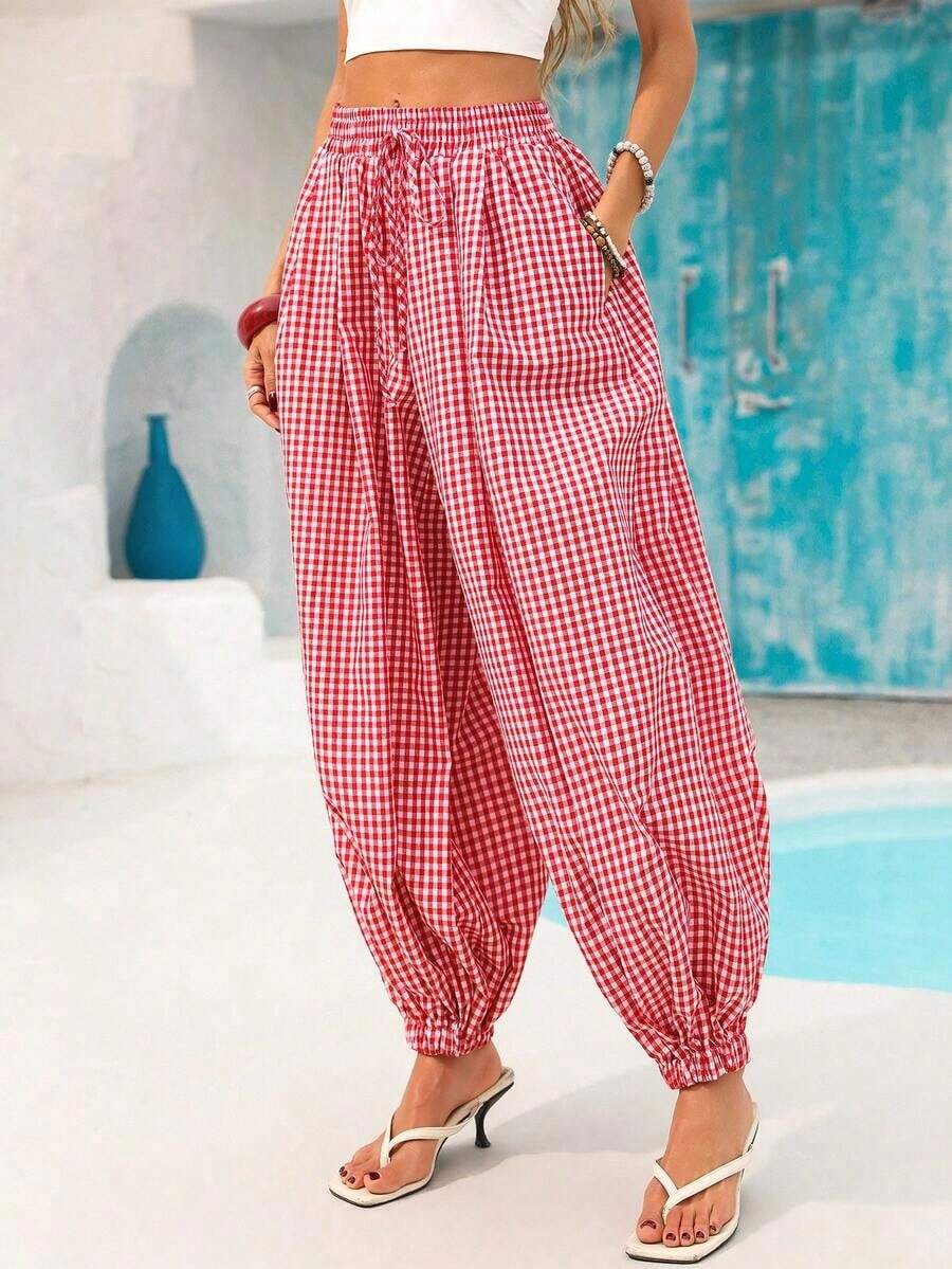 Pantalones holgados de tiro alto con bolsillos y estampado de cuadros para mujer, ideales para vacaciones, estilo vacacional, atuendos de verano. Pantalones holgados con cintura elástica y estampado de cuadros, adecuados para la oficina, negocios, vacaciones, uso casual, diario, universidad, viajes. Nuevos pantalones de verano para mujer, pantalones de trabajo, pantalones envolventes, pantalones de trabajo para mujer. - Rojo - Ver 1