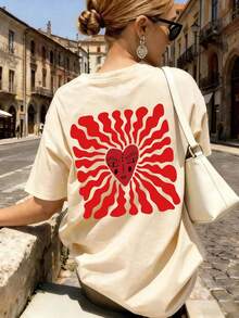 Camiseta de mujer 2026, cuello redondo, manga corta, estampada, corte holgado, estilo deportivo y casual, perfecta para verano, envío nacional. - Albaricoque - Ver 1