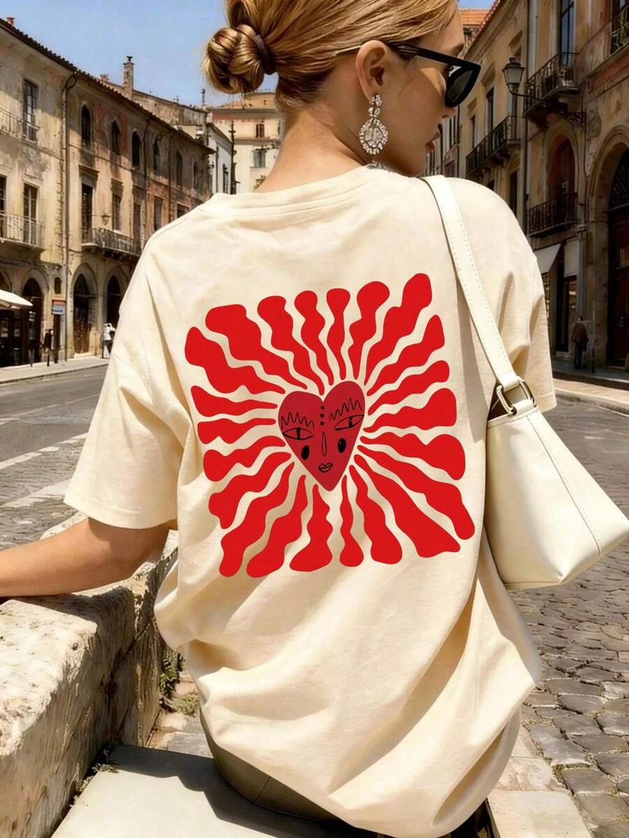 Camiseta de mujer 2026, cuello redondo, manga corta, estampada, corte holgado, estilo deportivo y casual, perfecta para verano, envío nacional. - Albaricoque - Ver 1