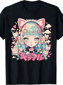 Camiseta estampada para mujer con ilustración de chica de anime - camiseta casual de manga corta y cuello redondo en color negro, diseño de chica de anime con cabello verde azulado y orejas de gato, corte relajado para todas las estaciones, perfecta para uso diario y vacaciones, lavable aáquina. - Negro - Ver 6