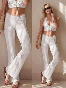 ICON Pantalones elegantes de encaje blanco con alta elasticidad y textura, adecuados para ir al trabajo, dulzura, uso casual, fiestas y todo tipo de eventos de alta gama. - Blanco - Ver 2